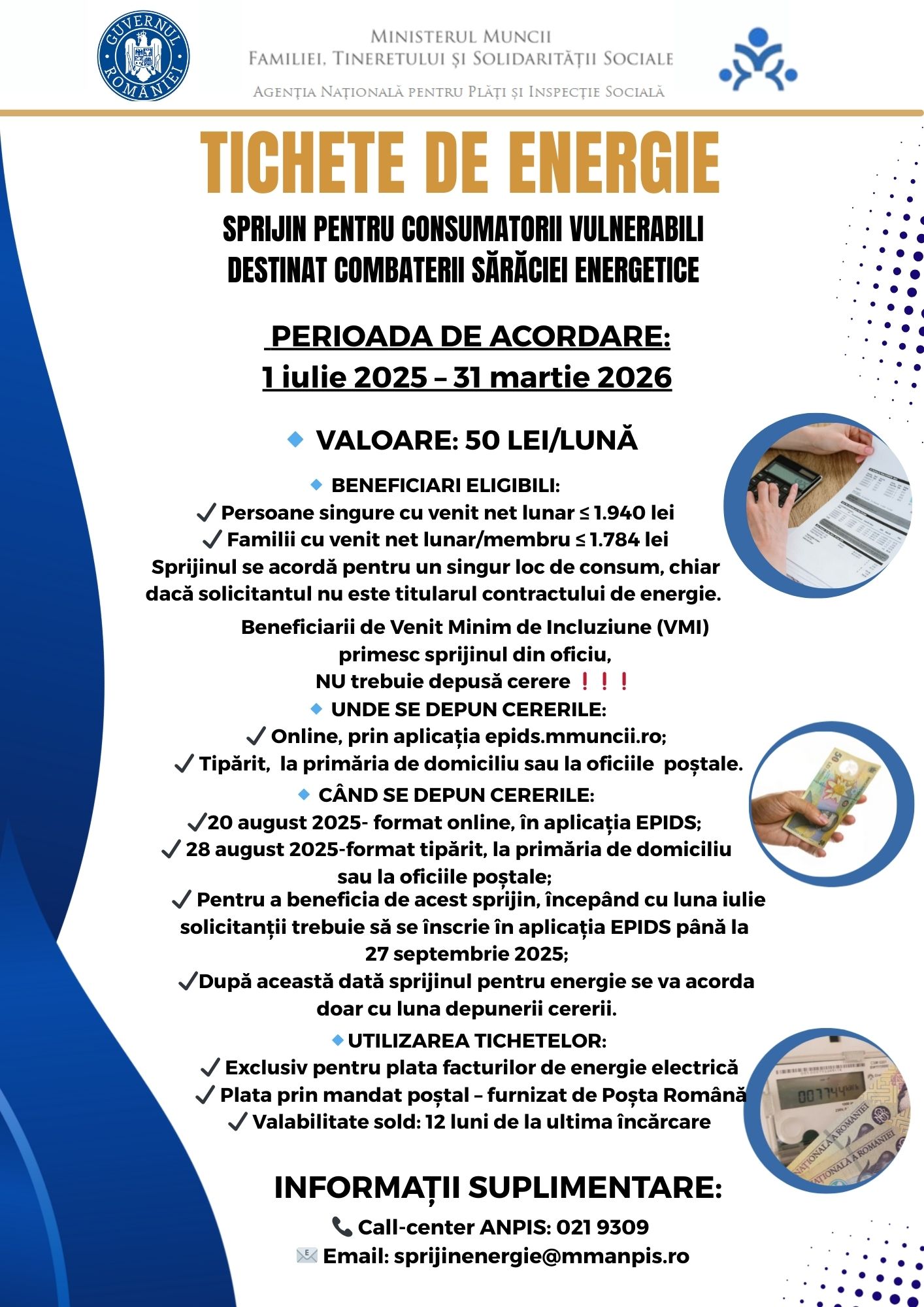 Anunț privind acordarea sprijinului pentru energie - tichet electronic